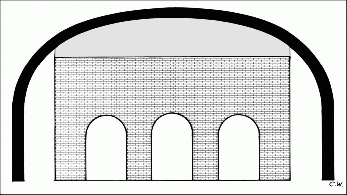 shield of concrete or steel backed by a shock-absorbing layer of sand